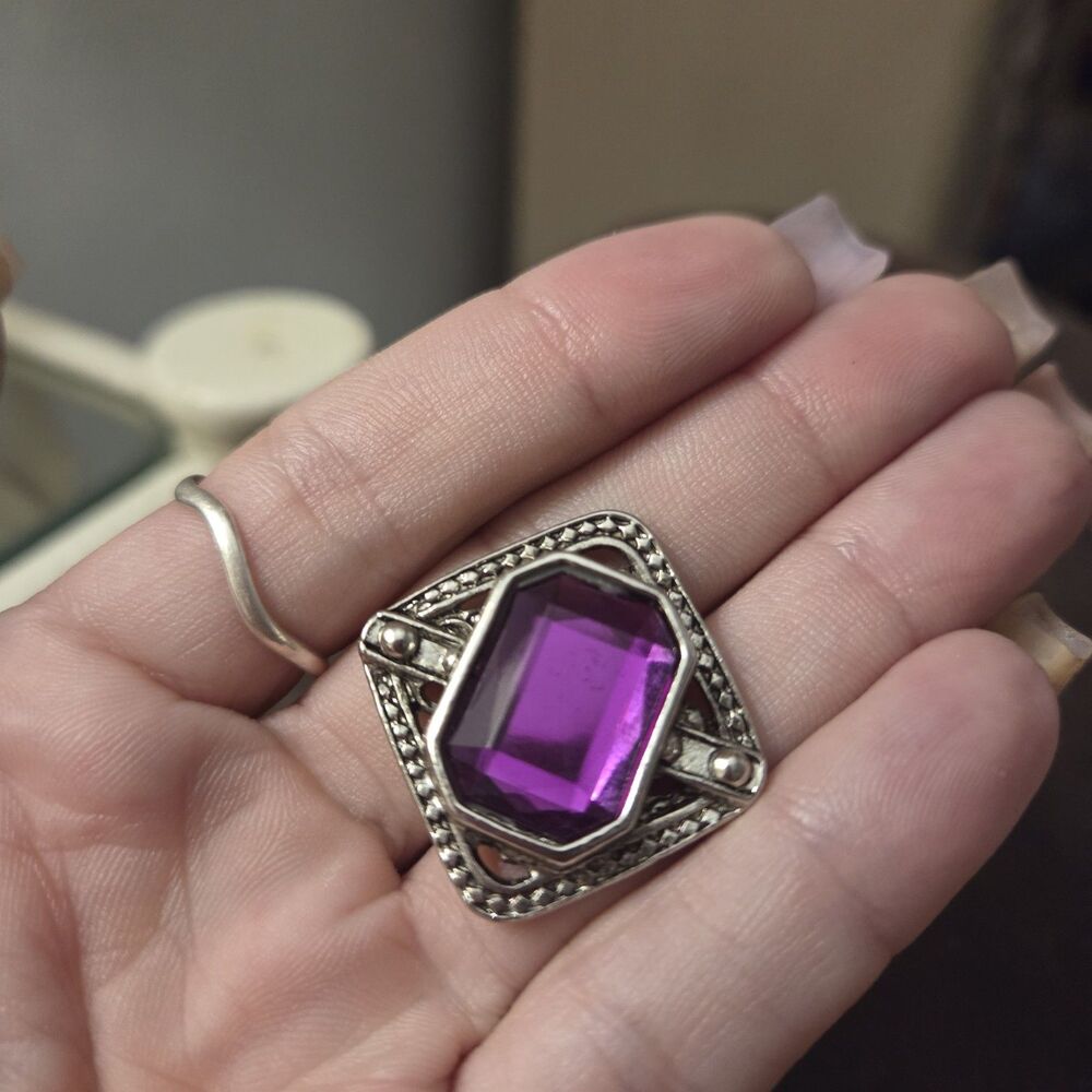 Vintage Art Deco Purple Rhinestone Single Pierced Earring Silver Tone Statement